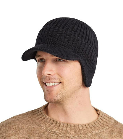 Men'S Winter Visor Beanie Hat with Earflaps Knit Baseball Cap with Brim Ski Hat Warm Fleece Lined Hunting Hat