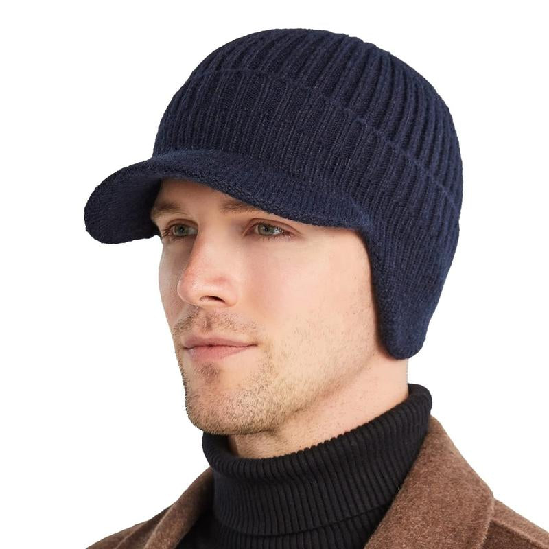 Men'S Winter Visor Beanie Hat with Earflaps Knit Baseball Cap with Brim Ski Hat Warm Fleece Lined Hunting Hat