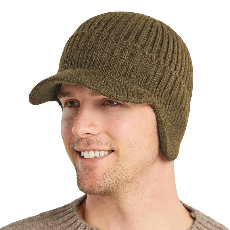 Men'S Winter Visor Beanie Hat with Earflaps Knit Baseball Cap with Brim Ski Hat Warm Fleece Lined Hunting Hat