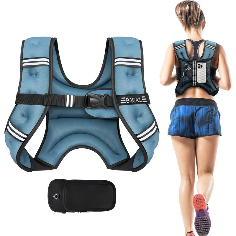 BAGAIL Weighted Vest, 5Lbs/8Lbs/10Lbs/12Lbs/15Lbs/20Lbs/25Lbs/30Lbs Weight Vest with Detachable Phone Pouch, Rucking Vest for Women, Men, Walking, Weight Loss, Training, Running Glute Workout Equipment Sweat Fitness Belt