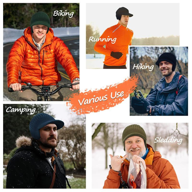 Men'S Winter Visor Beanie Hat with Earflaps Knit Baseball Cap with Brim Ski Hat Warm Fleece Lined Hunting Hat