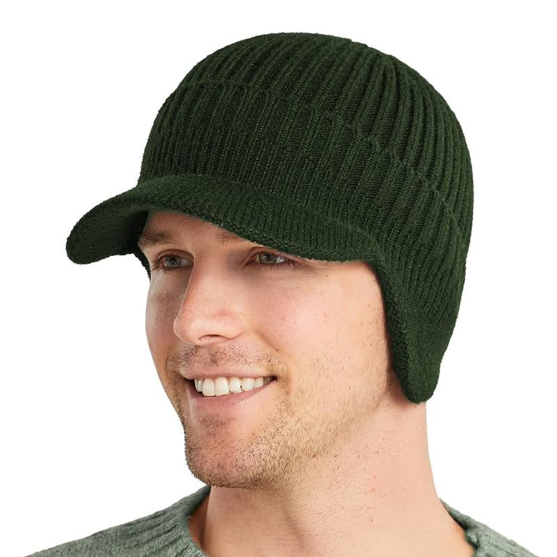 Men'S Winter Visor Beanie Hat with Earflaps Knit Baseball Cap with Brim Ski Hat Warm Fleece Lined Hunting Hat