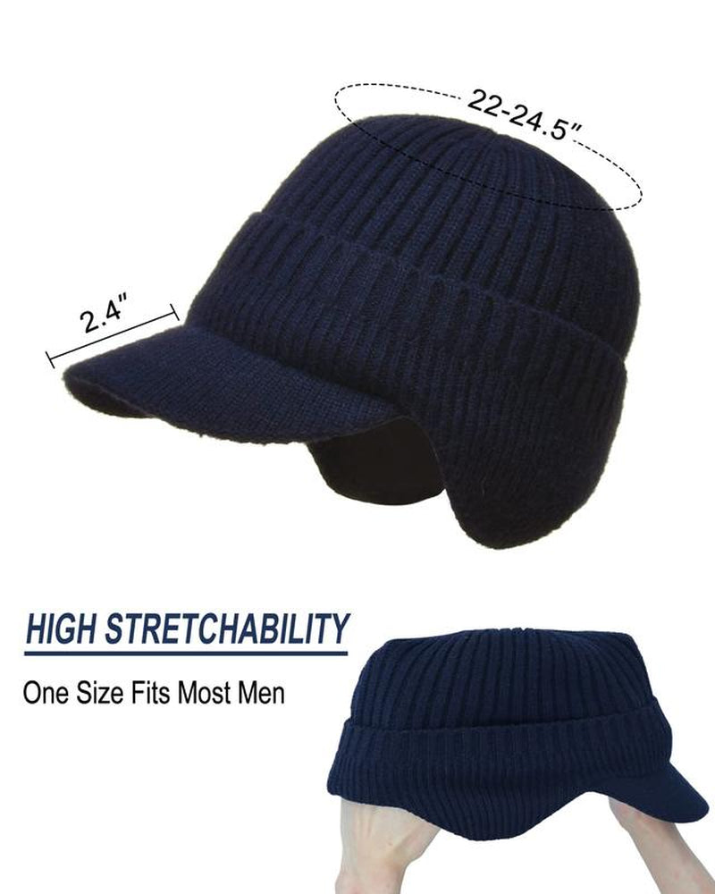 Men'S Winter Visor Beanie Hat with Earflaps Knit Baseball Cap with Brim Ski Hat Warm Fleece Lined Hunting Hat