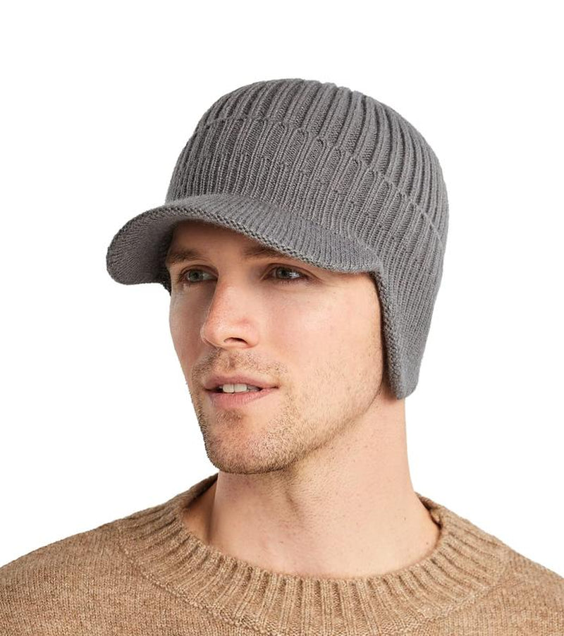 Men'S Winter Visor Beanie Hat with Earflaps Knit Baseball Cap with Brim Ski Hat Warm Fleece Lined Hunting Hat