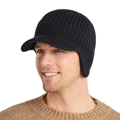 Men'S Winter Visor Beanie Hat with Earflaps Knit Baseball Cap with Brim Ski Hat Warm Fleece Lined Hunting Hat