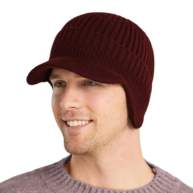 Men'S Winter Visor Beanie Hat with Earflaps Knit Baseball Cap with Brim Ski Hat Warm Fleece Lined Hunting Hat