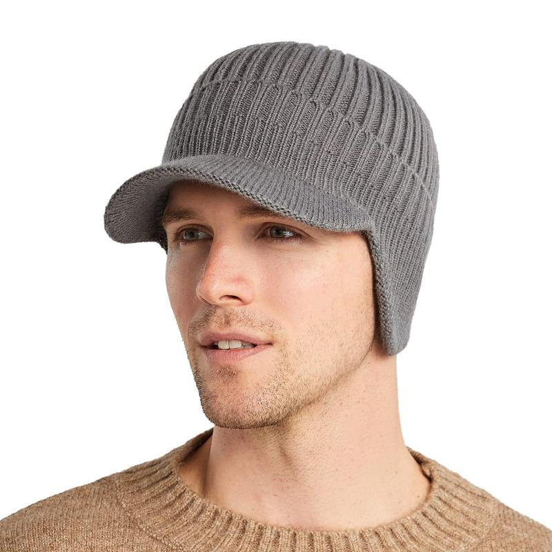 Men'S Winter Visor Beanie Hat with Earflaps Knit Baseball Cap with Brim Ski Hat Warm Fleece Lined Hunting Hat