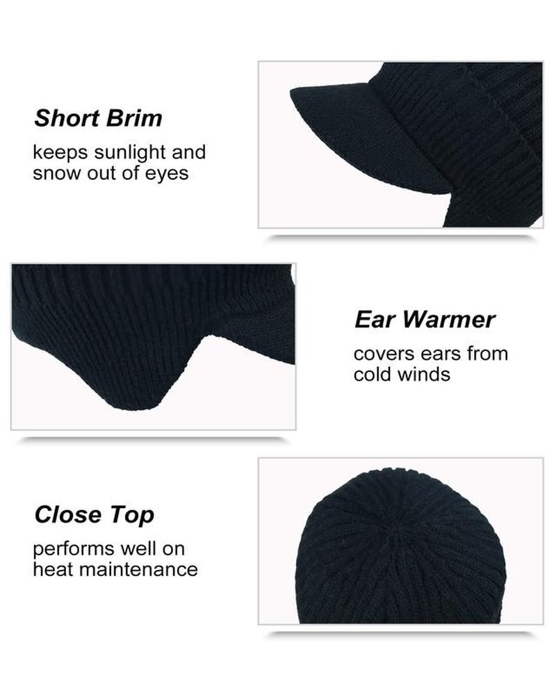 Men'S Winter Visor Beanie Hat with Earflaps Knit Baseball Cap with Brim Ski Hat Warm Fleece Lined Hunting Hat
