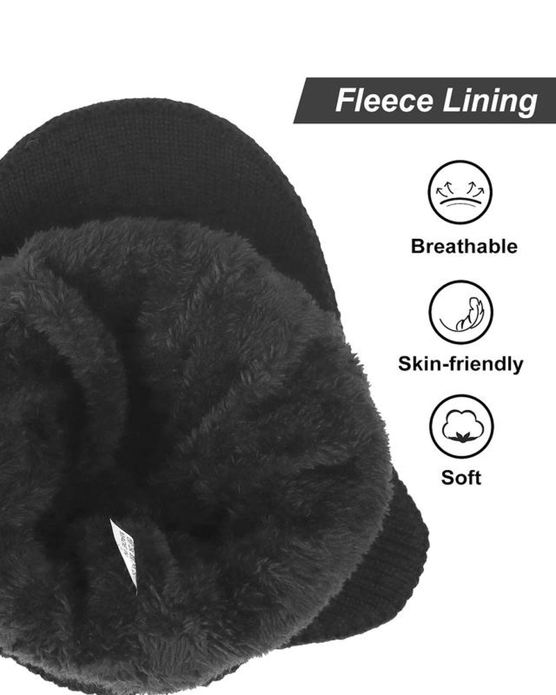 Men'S Winter Visor Beanie Hat with Earflaps Knit Baseball Cap with Brim Ski Hat Warm Fleece Lined Hunting Hat