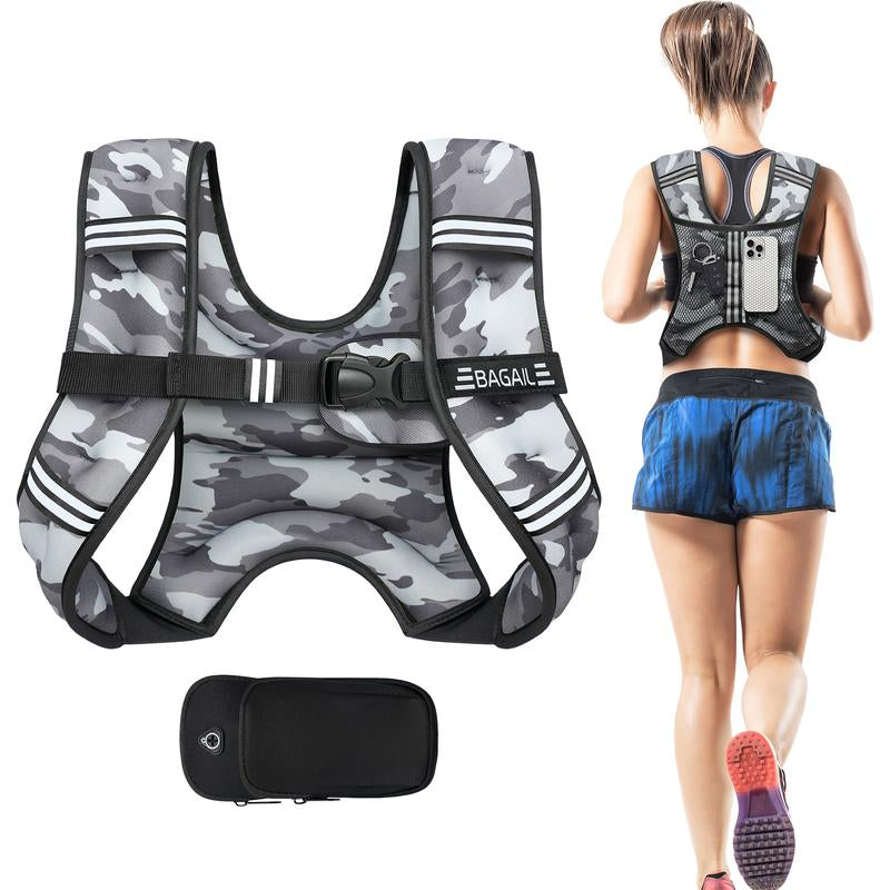 BAGAIL Weighted Vest, 5Lbs/8Lbs/10Lbs/12Lbs/15Lbs/20Lbs/25Lbs/30Lbs Weight Vest with Detachable Phone Pouch, Rucking Vest for Women, Men, Walking, Weight Loss, Training, Running Glute Workout Equipment Sweat Fitness Belt